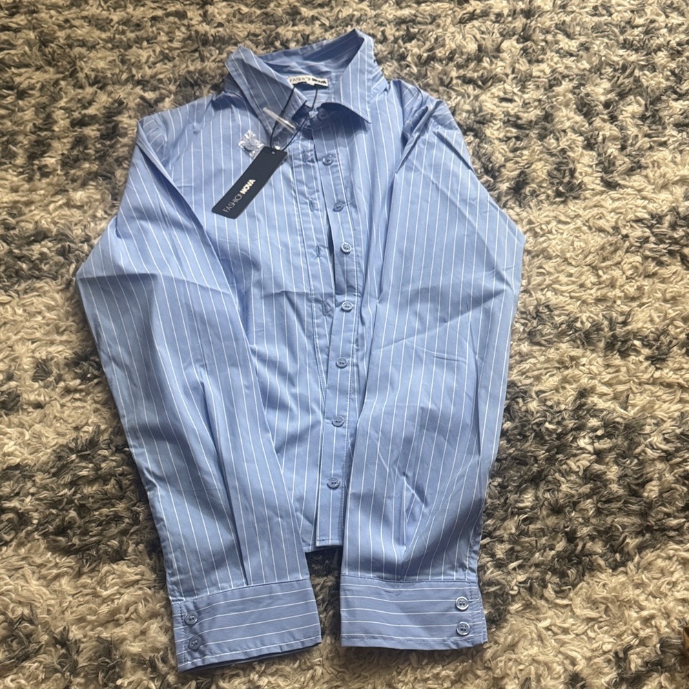 Fashion Nova Blue Pinstripe Button-Up Blouse